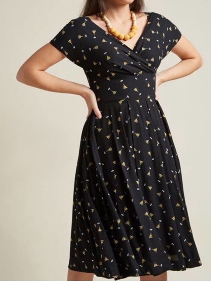 Emily And Fin V Neck Short Sleeve Fit And Flare Martini Drink Midi Dress